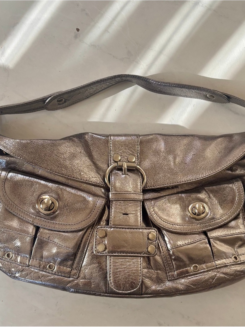Tano Metallic Silver Shoulder Bag with Front Pockets